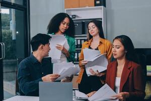Stress, business people and employee frustrated with multitasking, pressure or overworked by team in chaos with paperwork. Anxiety, headache and worker overwhelmed by group and burnout in crisis photo