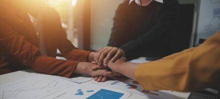 Hand join together for work togetherness, Hand stack for business and service, Team volunteering or teamwork. Concept connection of community and charity. Group of business workforce participation. photo