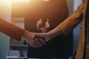 Hand join together for work togetherness, Hand stack for business and service, Team volunteering or teamwork. Concept connection of community and charity. Group of business workforce participation. photo