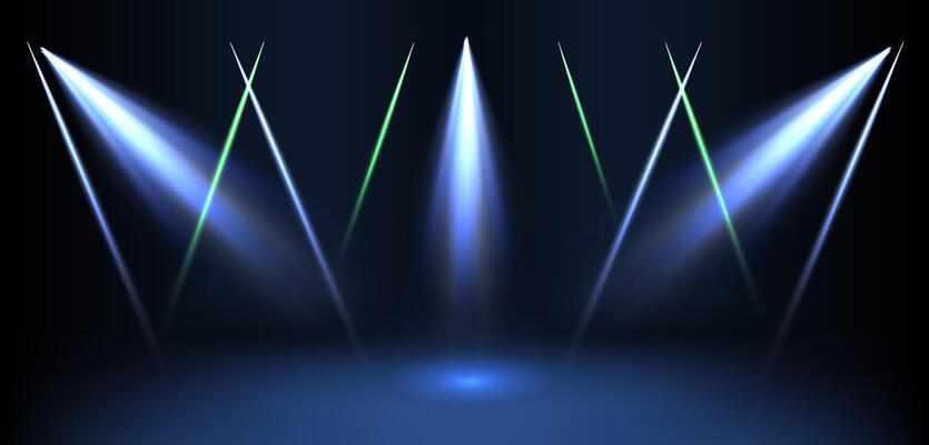 Three lights on a stage with a blue background