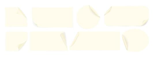 Set of beige paper labels in various geometric shapes with curved corners. Blank adhesive paper or plastic stickers. reminders vector