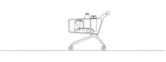 Shopping cart with groceries, drawing with one continuous line. Symbol of online shopping, supermarkets. Shopping cart, business concept. editable illustration. vector