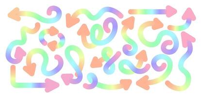 Set of gradient iridescent curved wavy arrows .Collection of linear colorful arrows, curved pointers. design element. vector