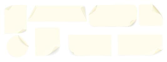 Set of beige paper stickers in various geometric shapes with curved corners. Blank square, rectangular, round adhesive paper or plastic stickers. reminders vector