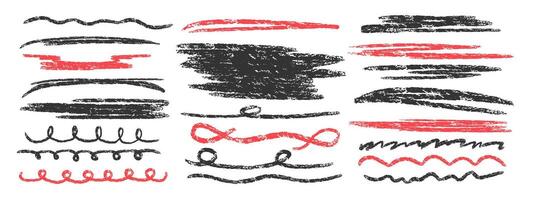 Hand drawn wavy strokes with black and red marker. Decorative graphic elements. Brush strokes and pencil strokes. Typographic strokes and stroke tails. vector