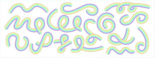 A collection of abstract iridescent gradient shapes with wavy lines . Colorful retro set of wavy lines for design . vector