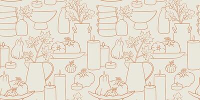 Autumn pattern with tableware and pumpkins vector