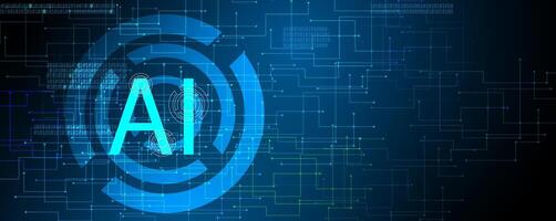 banner. Artificial intelligence background. Machine learning design data transfer. Ai logo blue with circuit board and glowing circle. vector