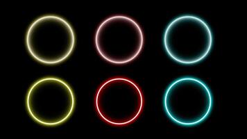 illustration of neon circle light, rounded glowing frame and futuristic element colorful. red, yellow, and blue shape line. vector