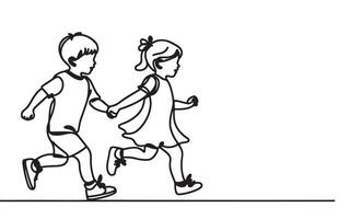 one continuous single line drawing of a toddler girl and boy running hand in hand illustration vector