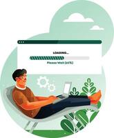 A man waits for loading bar on laptop vector