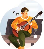 Man playing guitar while sitting on sofa vector