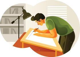 Draftsman works on a drawing board vector
