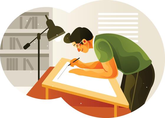 Draftsman works on a drawing board