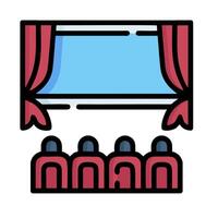 theater screen with red curtains and people sitting in front of it vector
