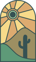 Boho logo with desert mountains and cactus. Bohemian minimal illustration. Abstract window with nature landscape. Arch with oasis hills and sunset. Aesthetic element png