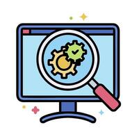 magnifying computer screen with gears and stars vector