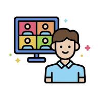 a man is standing in front of a computer screen with people on it vector