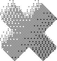 Pixel pattern shape. Textured cross with bitmap Y2k dither gradient. Retro sign with old computer game graphic effect. Halftone grunge illustration png