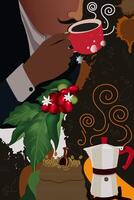 A man drinking coffee and illustrations of fruit and coffee beans and tools for making them vector