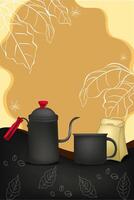 Illustration of a mug, kettle and coffee with a coffee leaf background vector