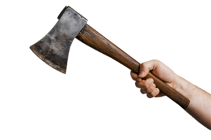 close-up photo of a hand gripping a short axe with a wooden handle and rusty metal blade on isolated background, symbolizing strength, survival, and tool use in woodworking or outdoor activities png
