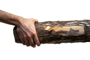 close-up photo of a hand gripping a coarse log with partially peeled bark texture on isolated background, illustrating strength, survival, endurance, and connection with nature png