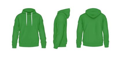 Green cotton hoodies with logo mockup realistic illustration set. Colorful outfit with design template 3d models on white background vector