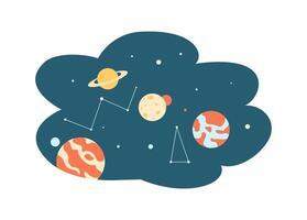 Outer space with planets and constellations flat color icon. Exploring cosmos depth science illustration on white background vector