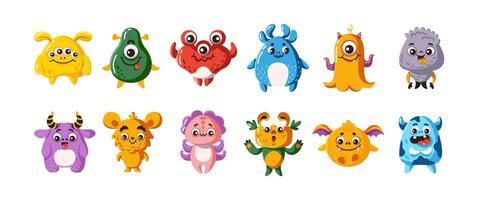 Cute beasts characters level color symbol set. Bizarre fanciful companions. Amusing spooky personages outline pack on white vector
