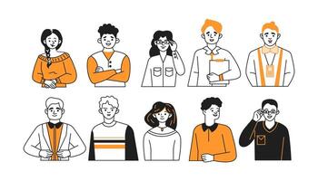 Different occupations avatars doodle line and color outline set. Masters in several businesses straight portray individuals collection vector