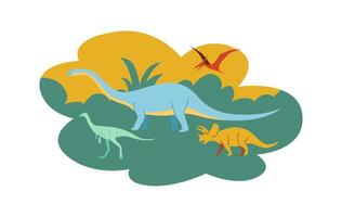Different dinosaurs walk on grass cloud flat color icon. Diverse group of reptiles for education illustration on white background vector