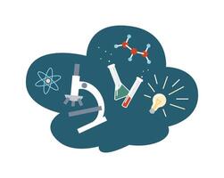 Microscope and glass tubes with molecules model flat icon. Concept of learning science at school illustration on white background vector