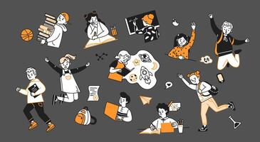 Cheerful understudies and educator doodle line and color outline set. Back to school instruction direct outline individuals collection vector