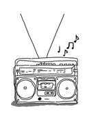 black and white line art of a vintage radio with musical notes issolated on white vector