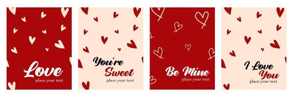 Happy Valentine's Day set of simple cards with heart frame and pattern for decor, greetings, packaging, print, web, promo, and sale vector