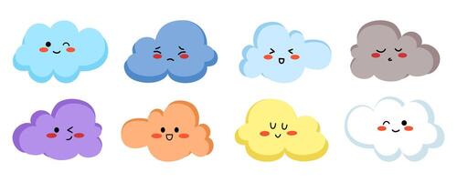Set of colorful cartoon cloud in a flat design with cute facial expression vector