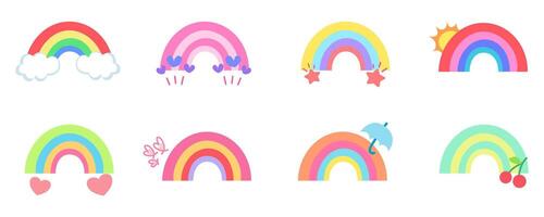 Set of cute rainbow and clouds icon with facial expression on white background vector