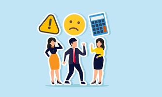 Several employees are discussing financial issues symbolized by warning signs, sad emoticons, and a calculator, illustration of the need for attention and calculations of the financial performance vector