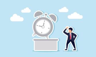 A businessman puzzled by an alarm clock statue, illustrating a lack of productivity in managing time vector