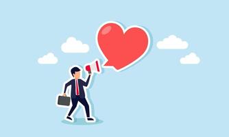 A businessman with a megaphone talking and showing a heart speech bubble, illustrating an entrepreneur promotion or campaign to gain attention and engagement from the target market vector