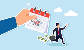 A businessman running with a briefcase full of money to avoid a hand holding a calendar, illustrating an employee avoiding additional events and choosing to be content with current achievements vector
