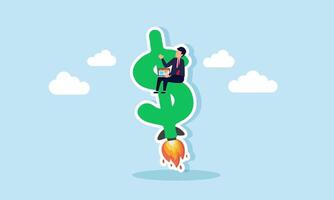 A businessman working on a laptop while sitting on a dollar rocket, illustration of research and analysis related to increasing dollar valuation vector