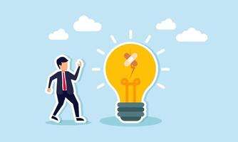 A businessman just patched a broken lightbulb with tape, illustrating the process of refining and evaluating ideas that emerge as business innovations vector