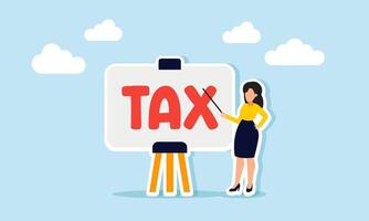 A businesswoman holding a pointer in front of a whiteboard teaching about taxes, illustration of how to correctly prepare tax reports vector