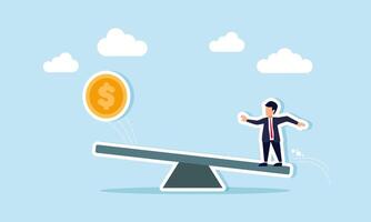 A businessman jumping on one side of a seesaw, causing dollar coins to bounce up from the other side, illustrating the increase in dollar valuation due to market movement and demand vector