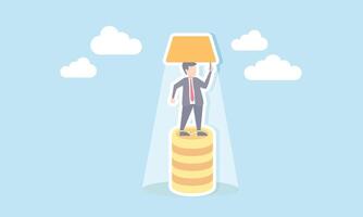 A businessman standing on a pile of coins turning on a light, illustrating the idea of generating more profit vector