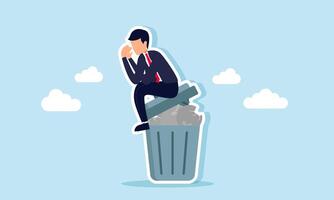A businessman sitting sadly on a pile of broken light bulbs, illustration of the failure in creating innovations or presenting bad ideas vector