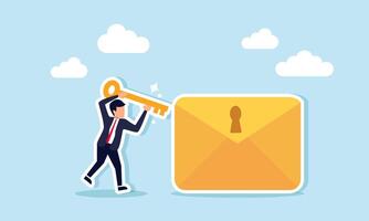 A businessman holding a key trying to open an envelope, illustrating the authority to approve a request or message vector