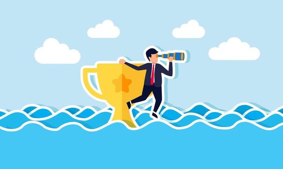A businessman using a telescope while holding a trophy submerged in floodwaters, illustrating the vision of a successful employee or entrepreneur analyzing a problem vector